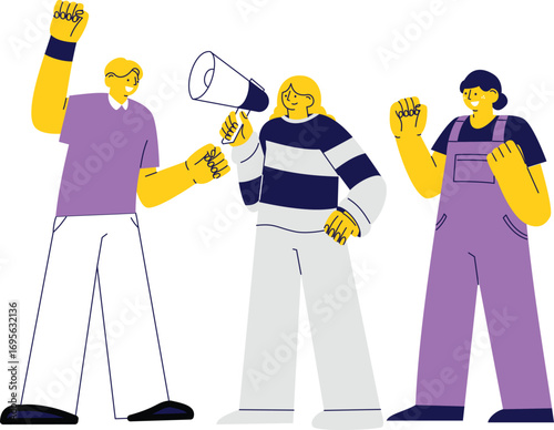 A vibrant team expressing ideas and promoting action with a megaphone, ideal for activism or announcement scenes.