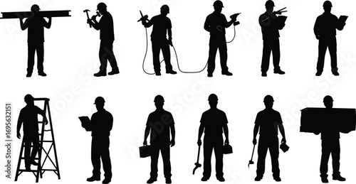 Silhouette of construction workers with tools, hard hats, ladder, box, hammer, drill, industrial labor, teamwork, safety, building industry illustration
