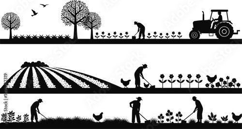 Farming and agriculture scene with farmers, crops, tractor, chickens, trees, and farm fields in black and white vector design.