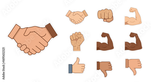 Collection of various hand gestures, including handshake, fist, and thumbs up or down signs.