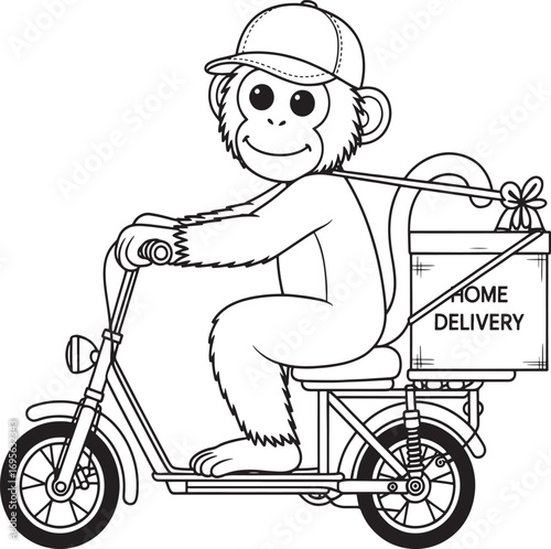 Cartoon Monkey Delivering Packages on a Scooter Depicted in Black and White Outline Style Drawing