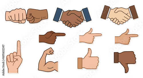 A diverse collection of illustrated hand gestures, including fist bumps, handshakes, pointing, and thumbs up/down signals.
