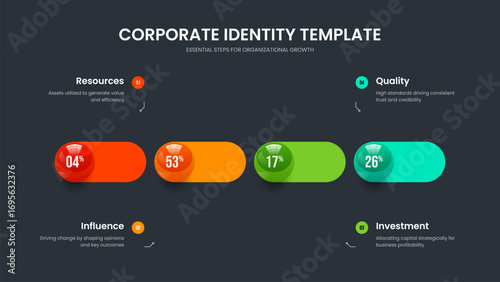 Market Strategy Four Element Infographic Slide Template. Professional Introduction Slideshow Design Vector Illustration. Digital Analysis 4 Step Graph Presentation Layout.