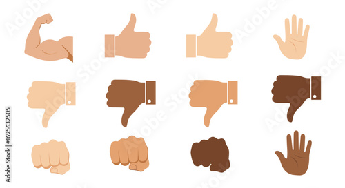 A collection of diverse hands showing different gestures like thumbs up, thumbs down, fist, and open palm.