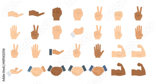 A collection of diverse hand gestures, arm poses, and handshakes demonstrating various actions and skin tones.