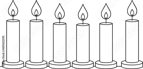 Minimal line art candle vector, six burning candles in row, flame outline, clean monochrome illustration, spiritual, holiday, decor clipart.