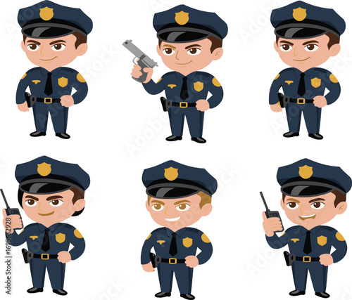 Set of Cartoon Police Officers in Uniform with Different Poses and Expressions for Law Enforcement and Security Vector Illustration