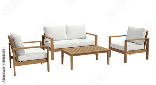 Outdoor teak patio furniture set isolated on transparent background with white cushions