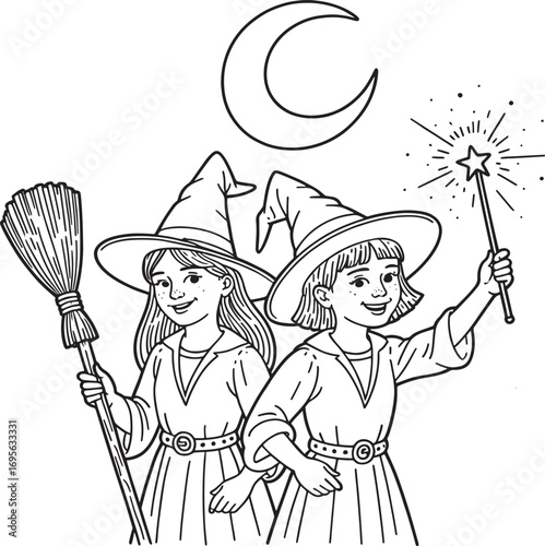 Charming Witch Duo Conjuring Magic Under the Crescent Moon Halloween Celebration with Traditional Broom and Sparkling Wand