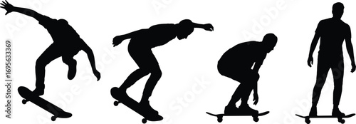 Silhouettes of skateboarders performing tricks and stances, vector illustration set, black icons, dynamic motion, street sport, youth action design
