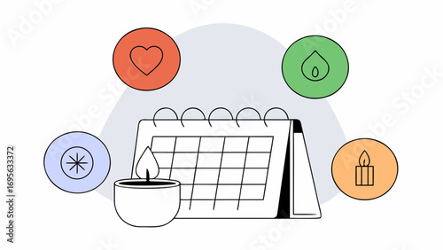 Abstract illustration depicting four elements (heart, water, fire, air) integrated into a calendar, symbolizing holistic wellness and balance.