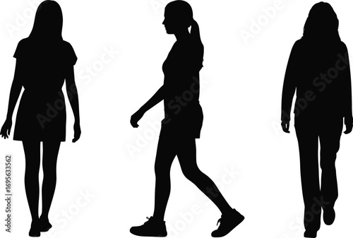 Silhouettes of people walking in different outfits and postures, vector illustration set, black icons, human motion, fashion design elements