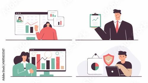 A diverse business team collaborates using charts and graphs for data analysis.  The illustration shows individuals working with computers and reports, conveying business strategy and teamwork.