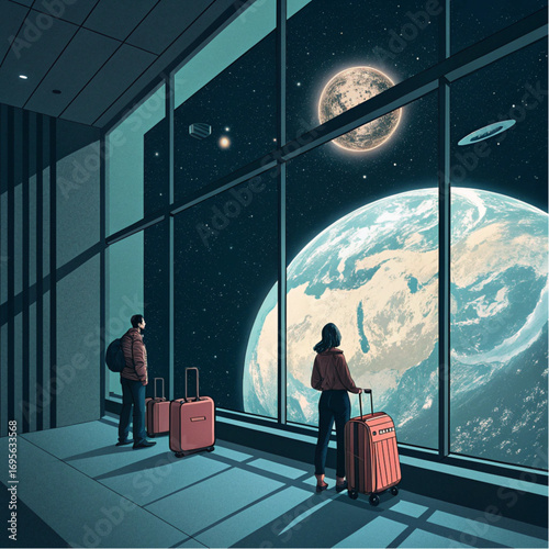 D Vector Illustration of Space Hotel Interior with Tourists and Zero-Gravity Luggage