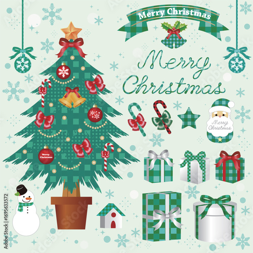 christmas　クリスマス　クリスマスツリー　サンタクロース　プレゼント　飾り　イラスト素材
