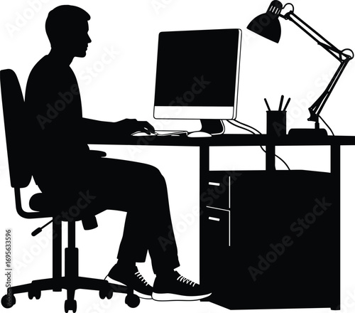 Silhouette of man working on computer at office desk with chair, lamp, stationery, monitor, business workplace illustration vector design