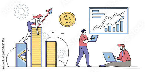 Vector illustration depicting a team collaborating on a business growth strategy. Colorful charts and graphs showcase financial success. A woman climbs a bar chart, symbolizing achievement.