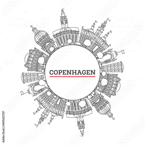 Outline Copenhagen Denmark City Skyline with Historic Buildings Isolated on White. Copenhagen Cityscape with Landmarks and copy space.