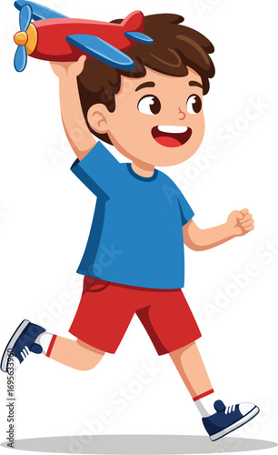 Happy Boy Running with Toy Airplane Cartoon Vector Illustration

