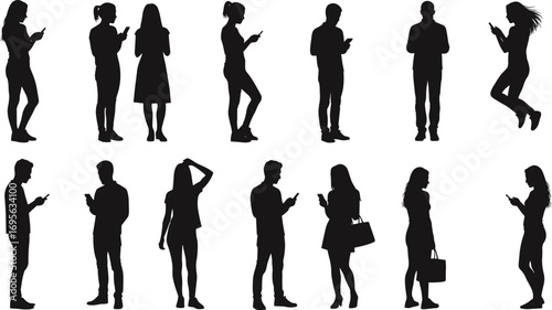 Silhouette of men and women standing, walking, texting, holding bag, checking smartphone, communication, technology, modern lifestyle, vector illustration