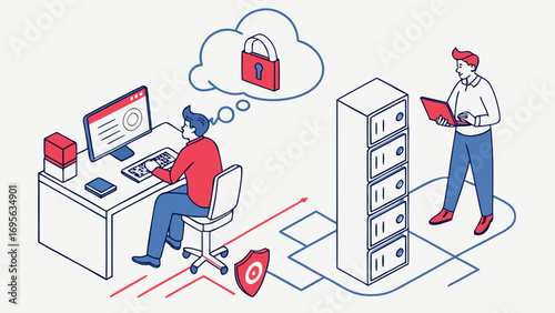 Isometric illustration depicting a cybersecurity system. A person works on a computer while another reviews documents near a server rack.  A cloud icon with a lock symbolizes data protection.