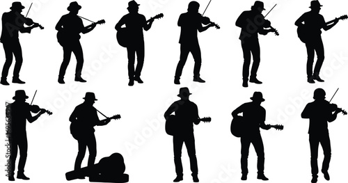 Silhouette of musicians playing violin and guitar, artistic vector illustration, live performance, music concert, folk band, stage entertainment design