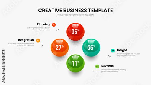 Educational Portfolio 4 Element Chart Slide Design. Creative Innovation Four Option Graph Frame Layout. Consulting Briefing Presentation Template Vector Illustration.