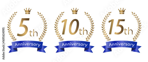 周年記念エンブレムセット ゴールドの王冠と月桂樹とブルーリボンのデザイン｜5周年,10周年,15周年,記念日,アニバーサリー