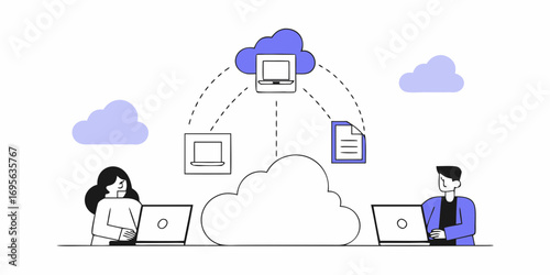 Simple illustration of two individuals using laptops to share data via a cloud-based system.  Minimalist design with purple accents.