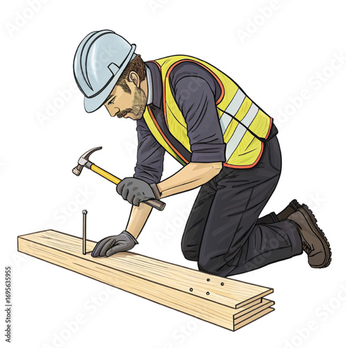 Construction worker hammering nails into wood planks vector