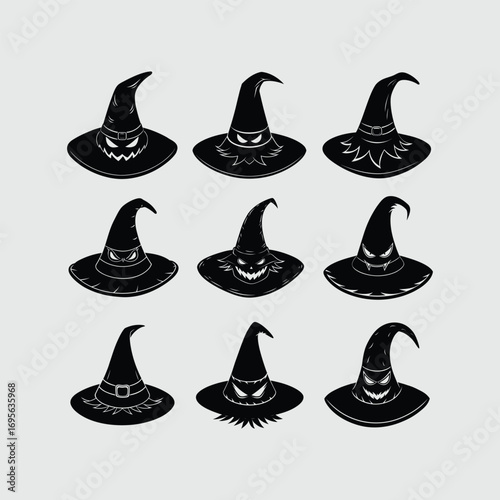 Halloween evil witch hat vector pack featuring creepy pointy hat designs, ideal for party invitations, apparel, mugs, and scary craft projects.