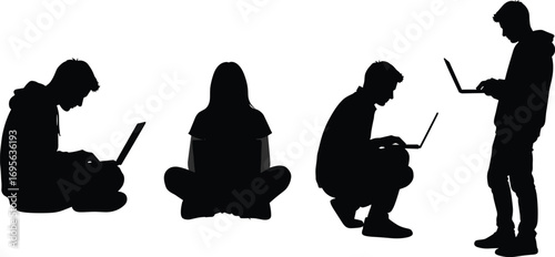 Silhouette of students using laptop computer sitting and standing, young people working online, digital education, remote learning, modern technology concept illustration