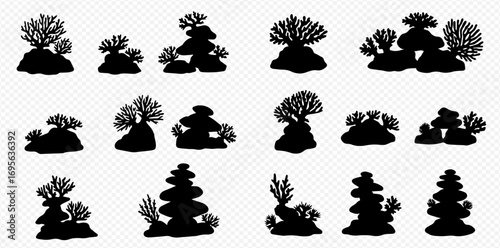 A diverse collection of black silhouette illustrations depicting various coral and underwater rock formations.