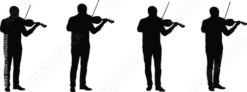 Silhouette of violinist musicians playing classical music, standing performers with violin and bow, concert orchestra illustration, artistic vector design