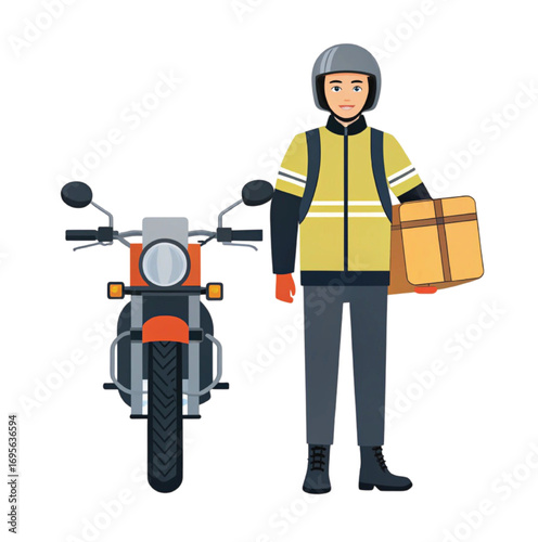 Delivery person with motorcycle and package helmet