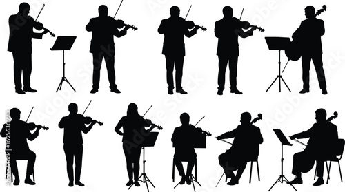 Silhouette orchestra musicians playing violin and cello, classical music performers with music stands, concert stage performance, vector design, artistic composition