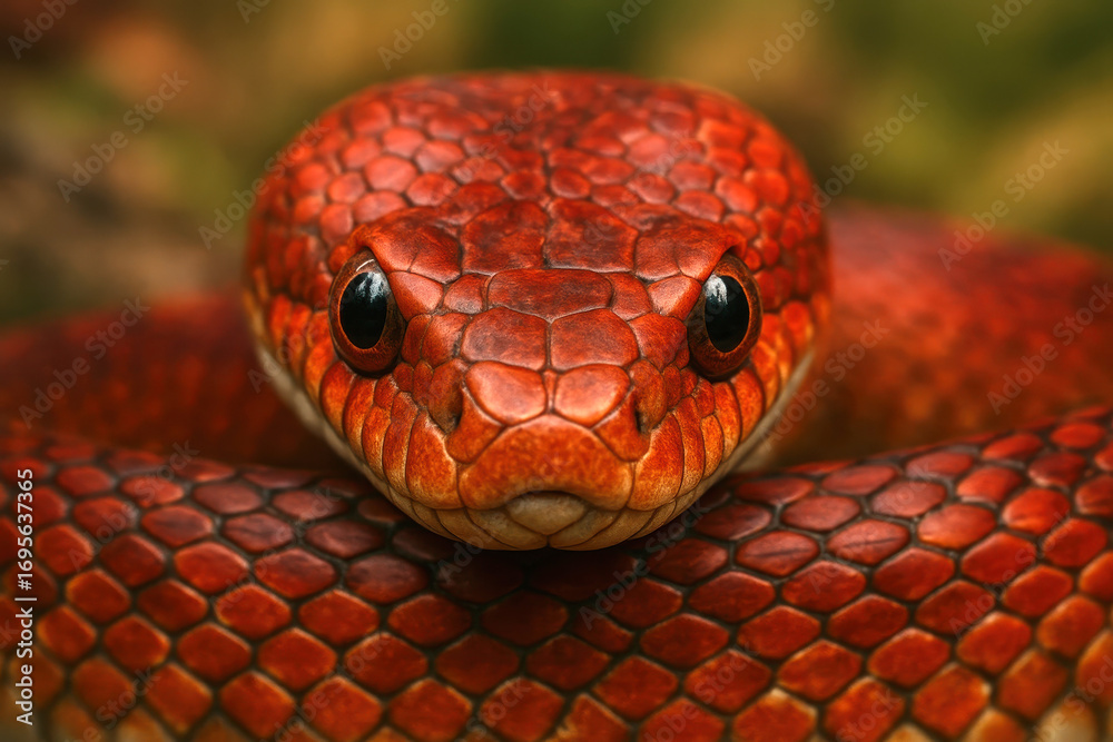 Obraz premium Vibrant Red Snake Portrait: A captivating, close-up portrait of a stunning red snake. Its piercing gaze, intricate scales, and sinuous form showcase nature's artistry, bringing the raw.