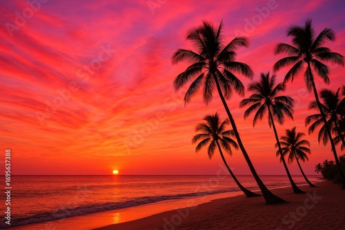 Tropical Sunset Scene: Witness the silhouette of palm trees gracefully sway against the fiery backdrop of the setting sun, painting the sky with hues of red and orange at a beautiful tropical beach. 