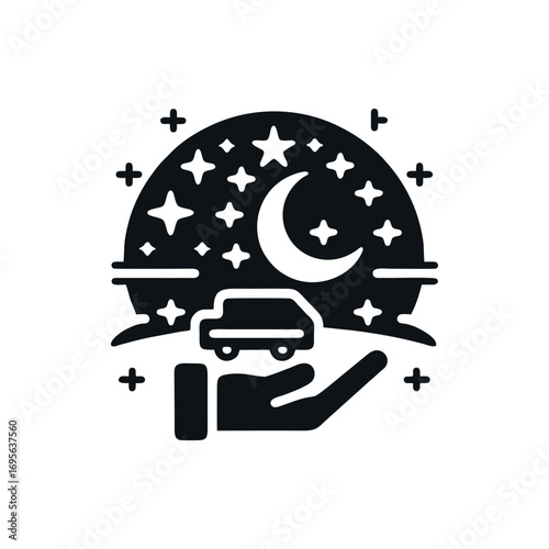 Hand holding toy car under starry night sky