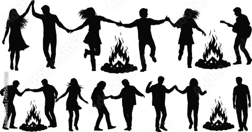 Silhouette people dancing around bonfire, playing guitar, campfire night celebration, outdoor party festival, friends enjoying music, fire dance lifestyle vector