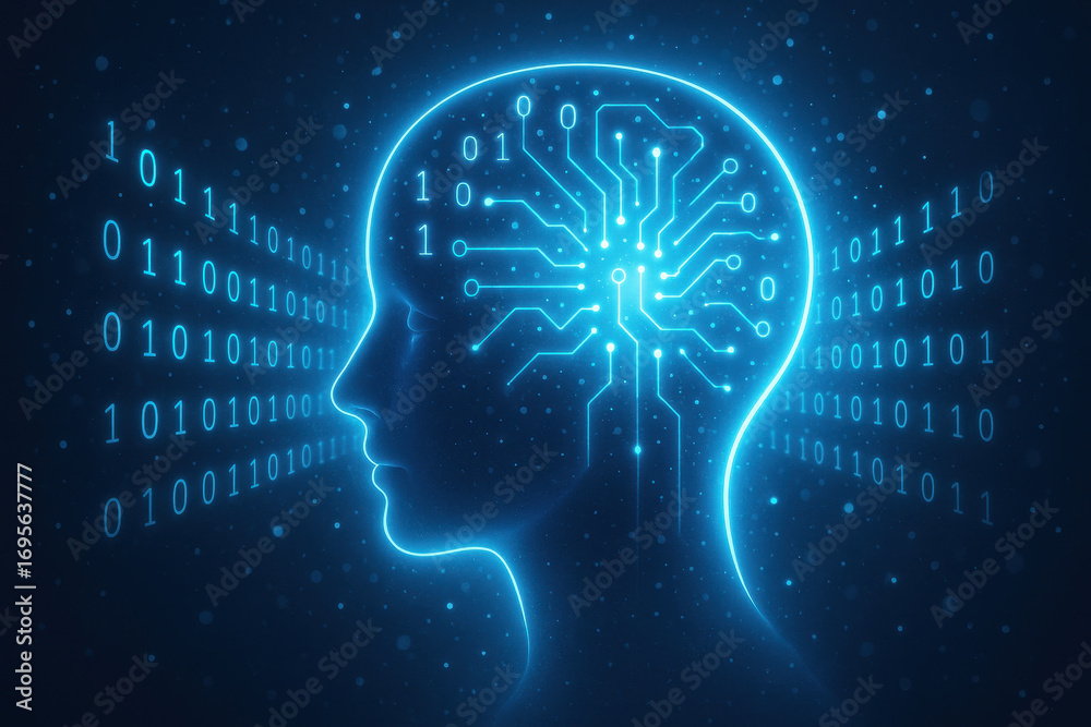Obraz premium Artificial intelligence: An artistic depiction of a human head intertwined with advanced circuitry and binary code, symbolizing the convergence of human intelligence and artificial intelligence.