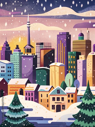 Colorful Winter Cityscape at Night: Snowy Buildings and Pastel Houses