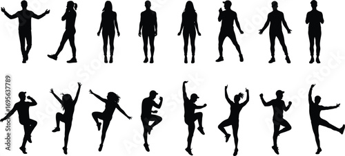 Silhouette people standing and dancing, men and women poses, active lifestyle movement, modern dance illustration, social community concept, vector designSilhouette people standing and dancing, men 