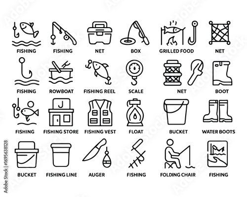 Set of outline icons related to fishing.Linear icon collection