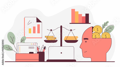 Illustrative vector graphic depicting a mind weighing financial data and resources. Charts, scales, and coins symbolize careful decision-making.