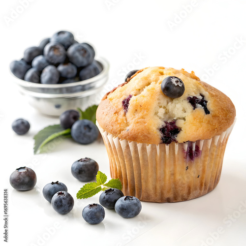 Golden blueberry muffin with visible berries, isolated on a clean white background ideal for bakery promotions,