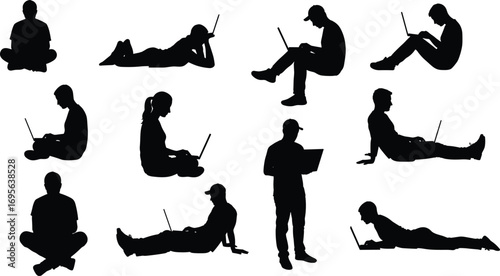 Silhouette people using laptops in different poses, sitting standing lying, working studying technology concept, digital lifestyle illustration, modern computer graphic