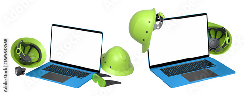 Laptops with blank screens surrounded by construction helmets, respirators and earmuffs on white background with clipping path