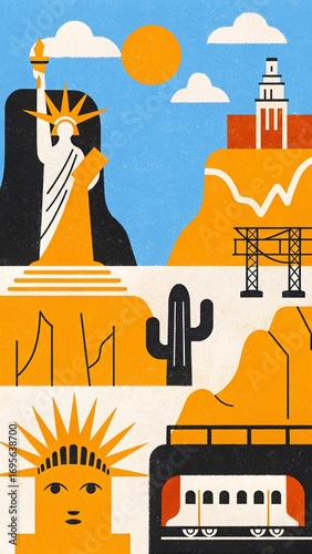 Stylized Landmark Collage: Orange and Yellow Geometric Illustration of City and Desert Scenes