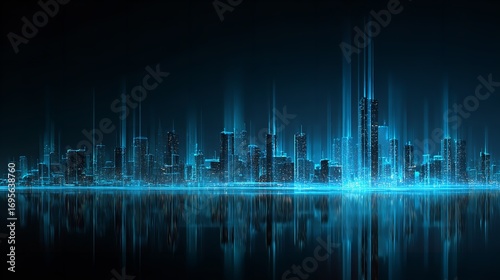 Futuristic Cityscape at Night with Neon Blue Illumination and Water Reflection Creates Atmospheric Ambiance